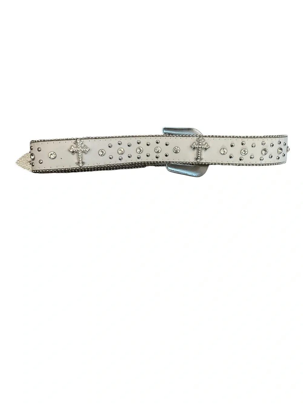 White Rhinestone Western Buckle Belt - Decorative Crosses & Silver Hardware - Picture 4 of 5